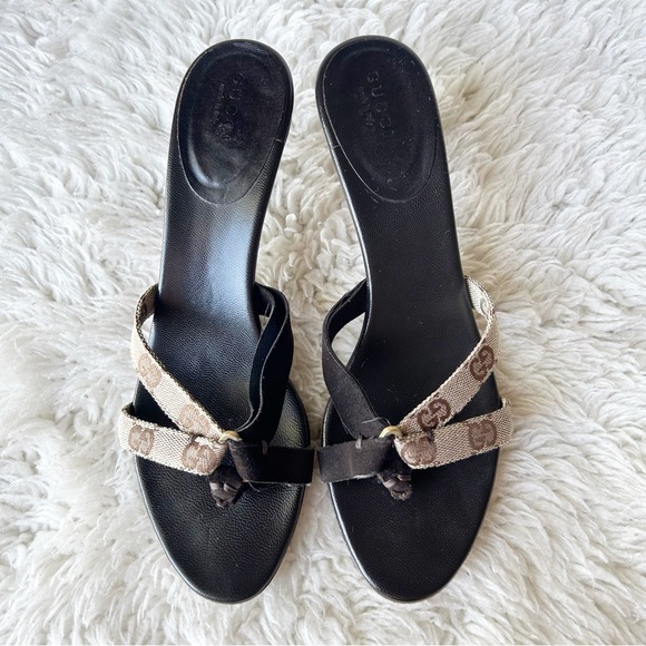 Gucci GG Monogram Canvas Suede Kitten Heels Sandals Size 7.5 Brown Beige - Picture 4 of 14
